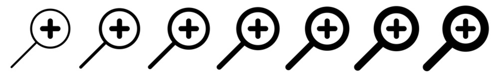 Obraz premium Magnifying Glass Plus Icon Black | Magnifier Illustration | Zoom Symbol | Loupe Logo | View Search Magnify Sign | Isolated | Variations