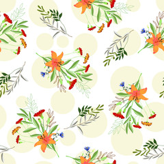 Blossom floral seamless pattern. Blooming botanical motifs scattered random. Trendy color vector texture. Good for fashion. Ditsy print. Hand drawn small flowers on polka dots background. Retro style