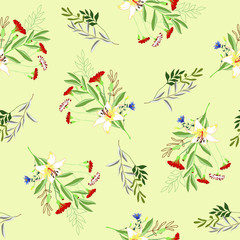 Blossom floral seamless pattern. Blooming botanical motifs scattered random. Vector texture with doodle elements. Good for fashion prints. Hand drawn flowers on beige background. Retro style