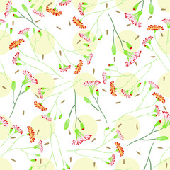 Blossom floral seamless pattern. Blooming botanical motifs scattered random. Trendy color vector texture. Good for fashion. Ditsy print. Hand drawn small flowers on polka dots background. Retro style