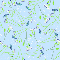 Blossom floral seamless pattern. Blooming botanical motifs scattered random. Vector texture with doodle elements. Good for fashion prints. Hand drawn flowers with leaves, branches on blue background