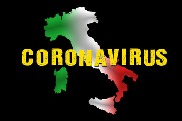 CORONA VIRUS title with Italian flag and state border map on black background