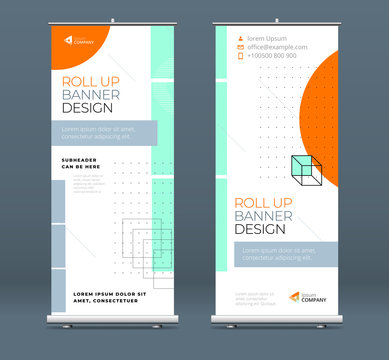 Business Roll Up Banner. Abstract Roll up background for Presentation. Vertical roll up, x-stand, exhibition display, Retractable banner stand or flag design layout for conference, forum.