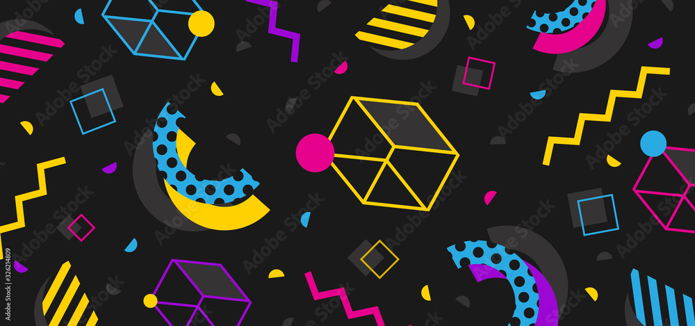 Wall mural background in the style of the 80s with multicolored geometric shapes on the black background. illus