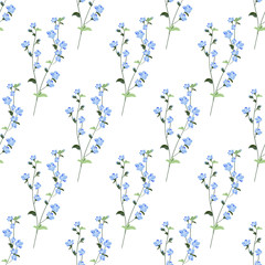 Romantic blossom floral seamless pattern. Blooming botanical elegant plants. Pastel colors vector texture. Good for fashion prints, design. Hand drawing small blue flower branches on white background