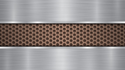 Background of bronze perforated metallic surface with holes and two horizontal silver polished plates with a metal texture, glares and shiny edges