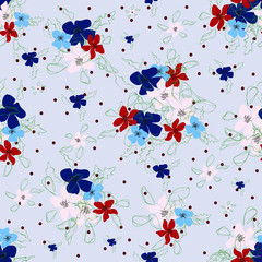 Blossom floral seamless pattern. Blooming botanical motifs scattered random. Colorful vector texture. Good for fashion prints. Hand drawn small color flowers on grey background with red polka dots