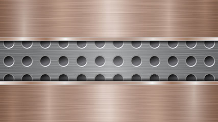 Background of silver perforated metallic surface with holes and two horizontal bronze polished plates with a metal texture, glares and shiny edges