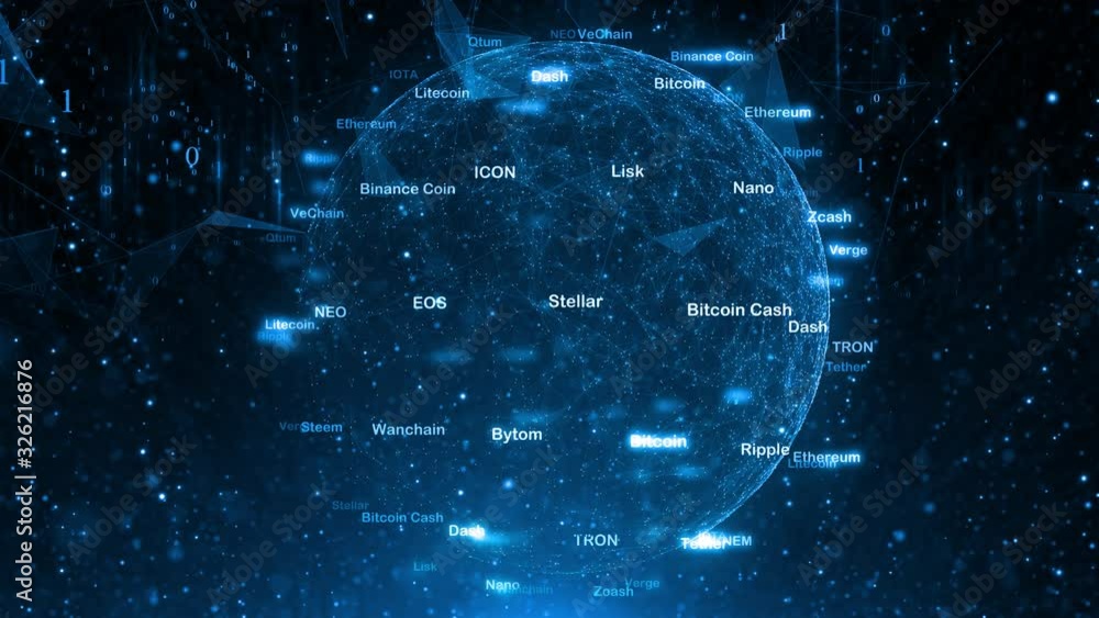 Poster rotating computer network sphere with cryptocurrency shiny words motion background.