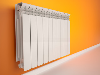 Heating radiator on orange wall, 3d illustration