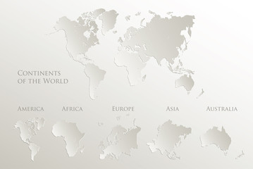 World continents map, America, Europe, Africa, Asia, Australia, Natural paper 3D vector