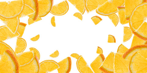 Naklejka premium Orange fruit isolated. Citrus tangerine slices flight in air. Falling background.