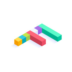 Letter F Isometric colorful cubes 3d design, three-dimensional letter vector illustration isolated on white background