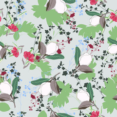 Blossom floral seamless pattern with magnolia buds, many other flowers. Blooming botanical motifs scattered random. Color vector texture. Fashion print, fabric, cloth. Hand drawn flowers with leaves 