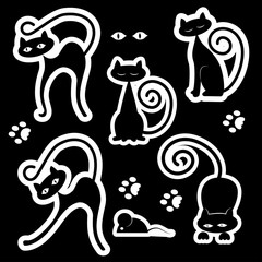 A set of stylish stickers. Cats in profile and on the face. The cat plays with the mouse, sleeps, stretches, before jumping. Black and white image. Vector illustration