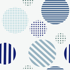Minimal seamless pattern with polka dots. Modern halftone style. Trendy color vector texture. Striped and dotted circles in pastel colors on blue background. Good for fashion print, wallpaper, design
