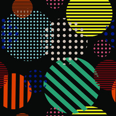 Minimal seamless pattern with polka dots. Modern halftone style. Trendy colorful vector texture. Striped and dotted broght circles on black background. Good for fashion print, wallpaper, design