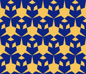 Vector geometric seamless pattern with triangular shapes, grid, lattice. Elegant ornamental texture. Abstract repeat background in navy blue and yellow colors. Stylish design for decor, textile, print