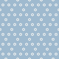 Cute geometric seamless pattern. Simple minimalist texture with small stars, floral shapes. Abstract background in soft pastel colors, light blue and white. Repeat design for decoration, wallpapers