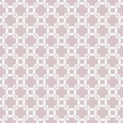 Vector abstract geometric seamless pattern. Subtle minimal texture with small squares, rounded shapes, grid, net, repeat tiles. Delicate minimal background in lilac and white color. Decorative design