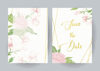 Save the date. Cards / templates with pink flowers and golden lines