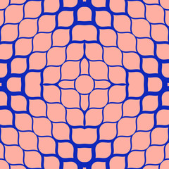 Vector halftone mesh texture. Abstract geometric seamless pattern with gradient transition effect, grid, net, weave, lattice. Bright blue and pink minimal background. Elegant modern repeating design