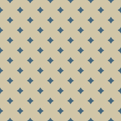 Subtle vector geometric seamless pattern with small diamond shapes, stars, rhombuses. Simple minimal gold and blue background. Abstract luxury golden texture, repeat tiles. Elegant minimalist design