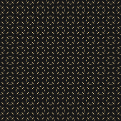 Subtle golden vector seamless pattern with small flower silhouettes, tiny geometric leaves. Simple minimal luxury background. Abstract black and gold ornate texture. Elegant ornament. Repeat design