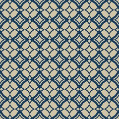 Golden abstract geometric seamless pattern in oriental style. Luxury vector background. Simple graphic ornament. Blue and gold texture with diamond shapes, rhombuses, grid, lattice, net, repeat tiles