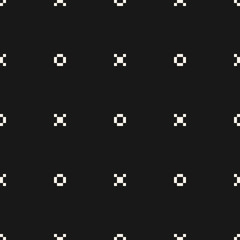 Fototapeta na wymiar Vector minimalist seamless pattern with small squares, crosses, flower shapes. Simple minimal geometric black and white texture. Pixel art background. Stylish modern monochrome dark repeat design