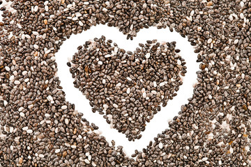 Background of chia seeds with heart shape.