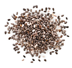 Heap of chia seeds isolated on a white background. Top view.