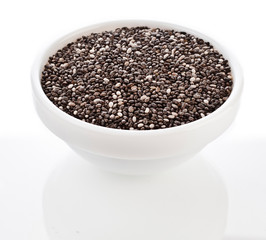 Chia seeds in a bowl isolated on a white background. Top view.
