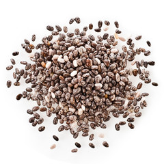 Heap of chia seeds isolated on a white background. Top view.