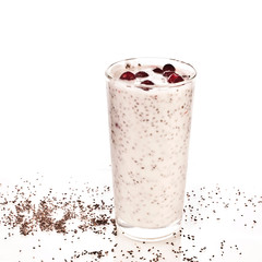 Chia seed pudding with cranberries on a white background.