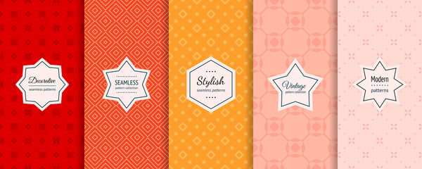 Abstract vector geometric seamless pattern collection. Set of simple colorful background swatches with elegant minimal labels. Cute modern floral geo textures. Red, orange, yellow, coral, pink color