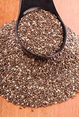 Chia seeds in a black spoon on a wooden table.