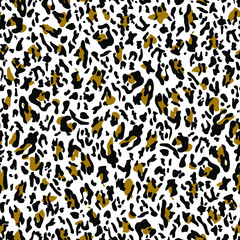 Leopard skin seamless pattern. Fashionable print with brown, black and white. Modern wild animal repeat illustration. Stylized spotted vector texture. For fashion, fabric, tile, wallpaper, design.