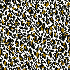 Leopard skin seamless pattern. Fashionable print with brown, black and white. Modern wild animal repeat illustration. Stylized spotted vector texture. For fashion, fabric, wallpaper, tile, design.