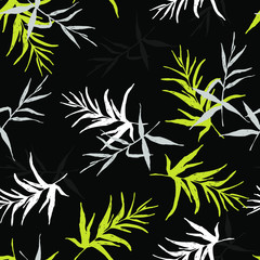 Botanical sketch drawing seamless pattern. Branches with leaves scattered random. Trendy abstract color vector texture. Fashion print, fabric, design, clothing. Hand drawn leaf on black background