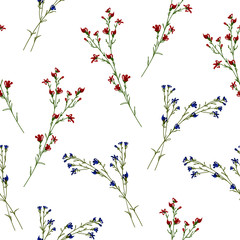 Floral blossom seamless pattern. Trendy colorful vector texture. Blooming botanical elements scattered random. Good for fashion. Ditsy print. Hand drawn small flowers on white background. Retro style
