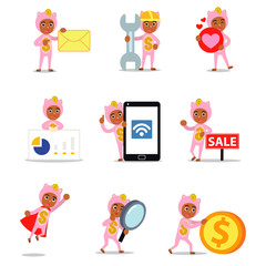 Set character of cute male buy a piggy bank for his daughter.