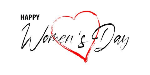 Happy Women's day vector brush text and heart. Isolated. Design elements for prints, web pages, invitation, gift and greetings card, banners and templates