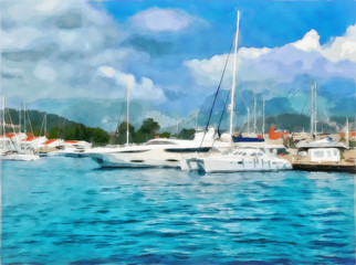 Fototapeta na wymiar Drawing watercolor. Seascape, sea, pleasure ship. Sailing yachts are moored at the pier. Digital painting - illustration.