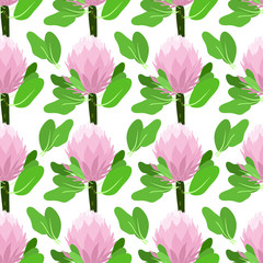 Floral blossom seamless pattern. Protea flowers with leaves regular repeat. Trendy abstract vector texture in pastel colors. Fashion print, fabric, design. Hand drawn flowers on white background