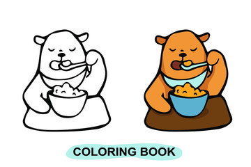 vector hand-drawn children's coloring book with a baby bear who eats porridge. isolated on a white background.