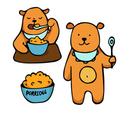 vector set of hand-drawn cartoon bears isolated on a white background. baby bears with porridge, a spoon and a bib.