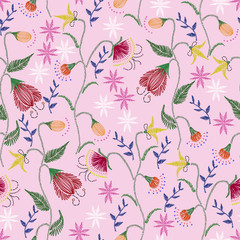 Floral embroidery seamless pattern. Sketch hand drawn botanical motifs. Doodle line, dash garden flowers, leaves, branches. Colorful vector texture for fashion, fabric, wallpaper, print. Retro style