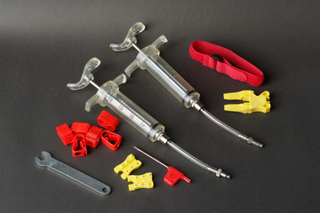 Bicycle brake bleeder kit. Top view.