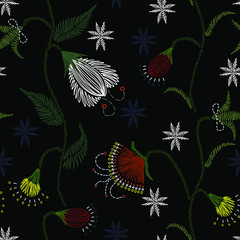 Floral embroidery seamless pattern. Sketch hand drawn botanical motifs. Doodle line, dash garden flowers, leaves, branches. Colorful vector texture for fashion, fabric, wallpaper, print. Retro style